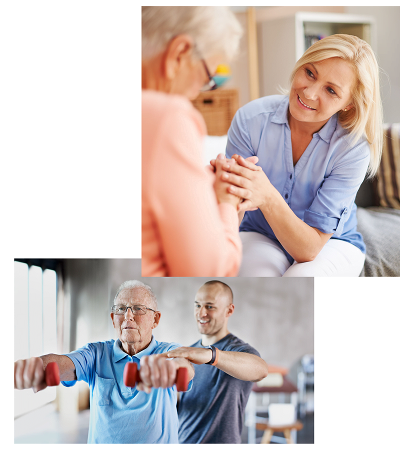 Photo collage of a Senior man working with a physical therapist using dumbbells and a caregiver holding the hand of a senior woman at Park Place of Elmhurst