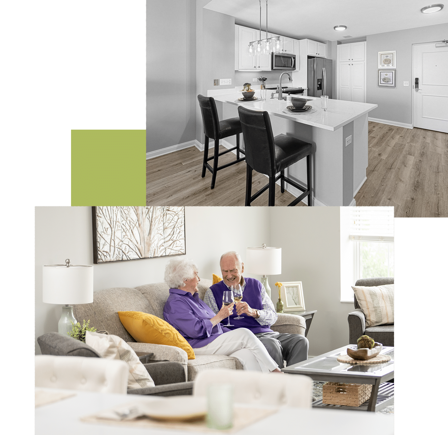 Kitchen photo and couple having wine on the couch