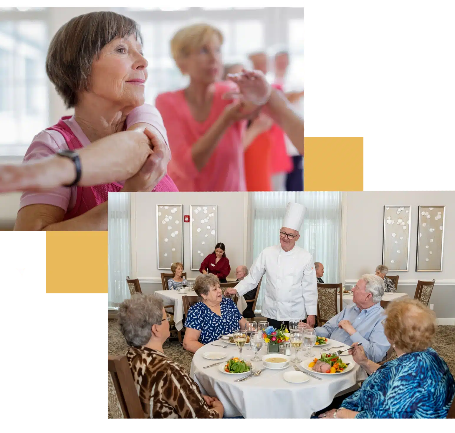 Seniors stretching and meeting the chef