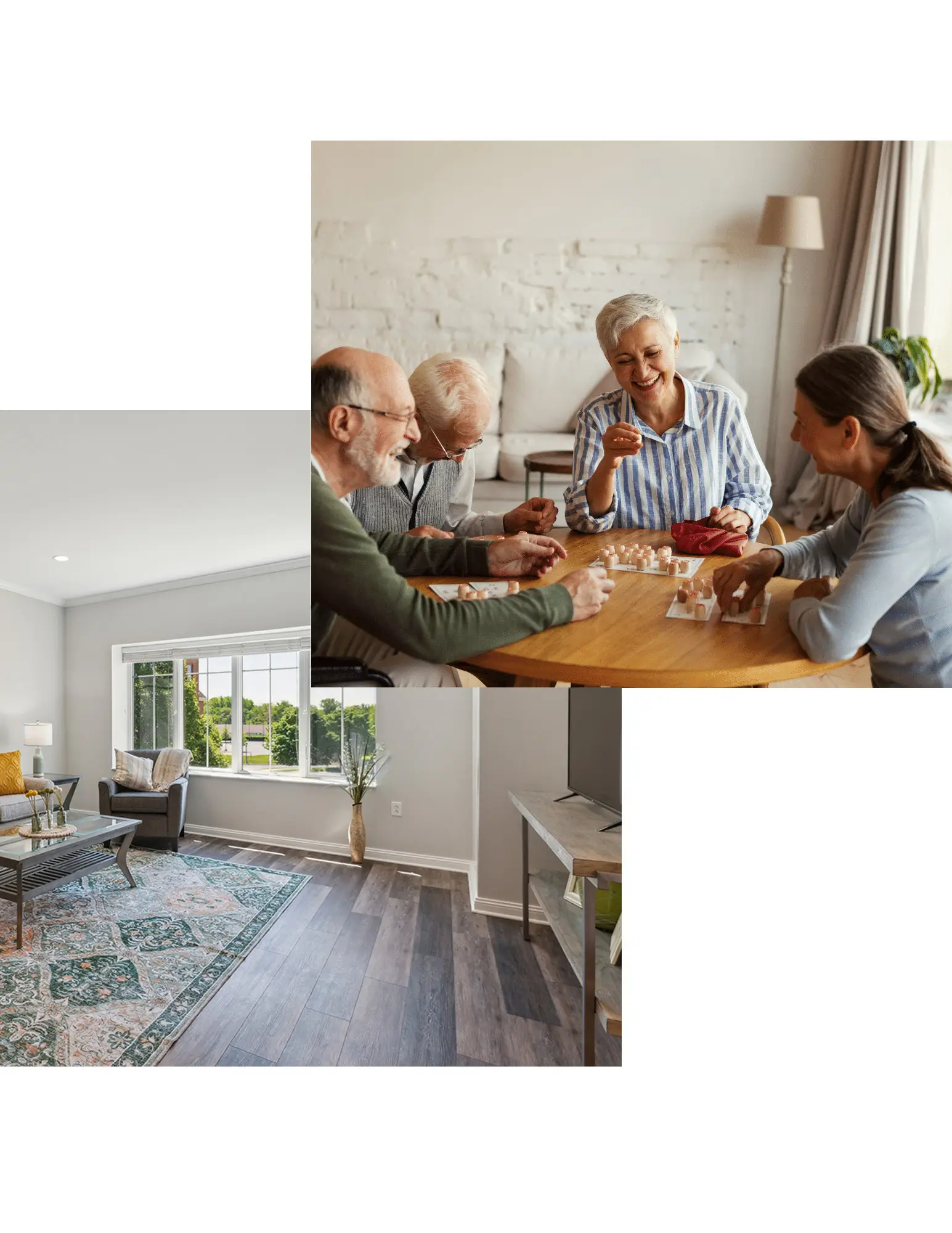 independent-living-1 Two images; one with a group of people and one of a living room interior