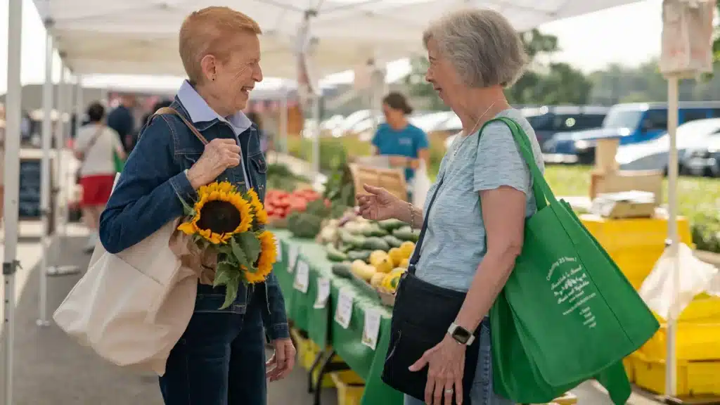 Two women shop in an outdoor market